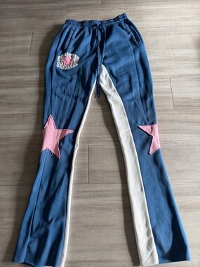 Mens Blue Flare Track Pants with Pink Stars (XL) Skinny